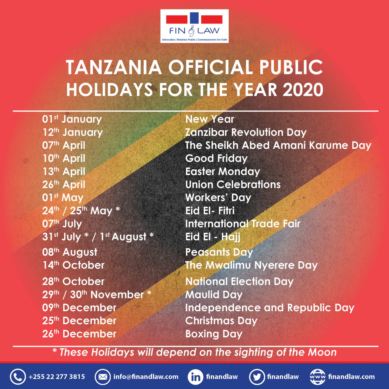 Tanzania Official Public Holidays for the year 2020 FIN & LAW